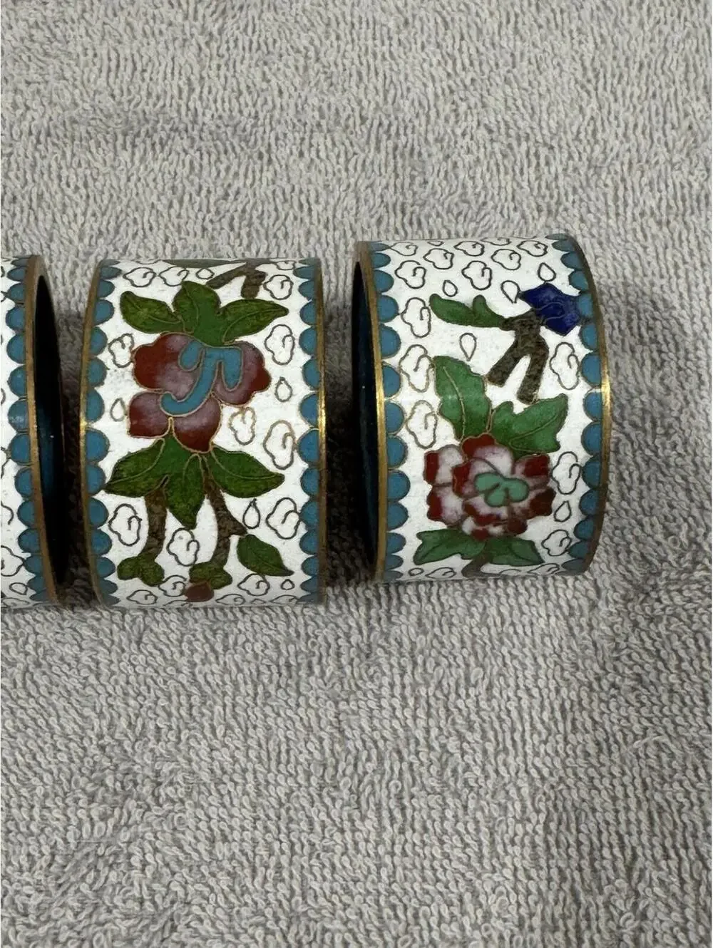 Vintage Cloisonné Enamel Napkin Rings Chinese 6 Red Blue Green Floral